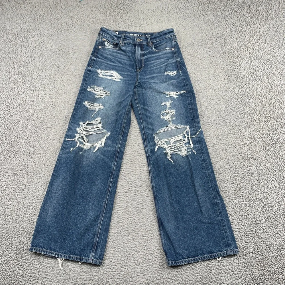 American Eagle Jeans Womens 2 Blue Baggy Wide Leg Super High Rise Distressed